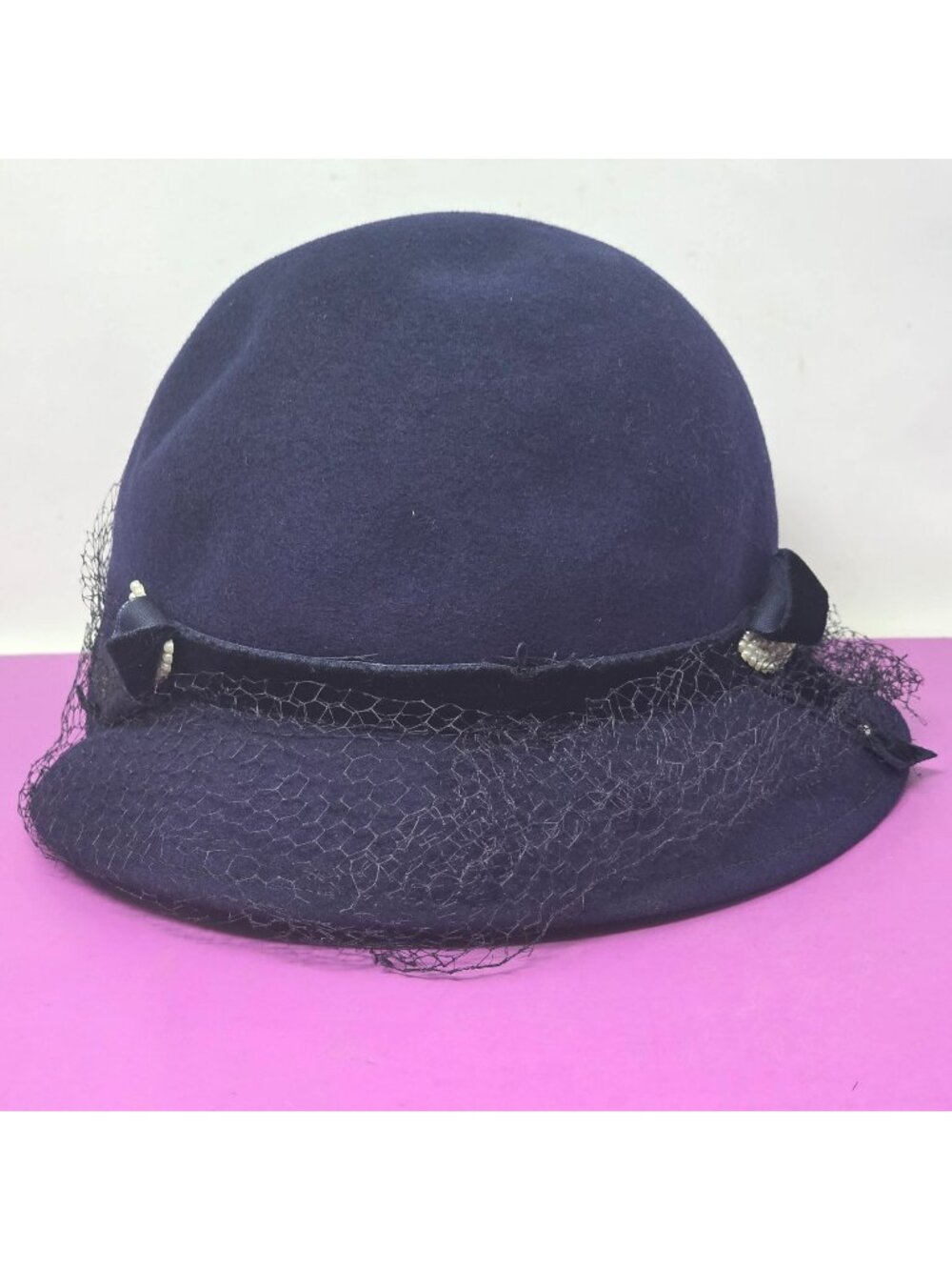 Vintage Navy Wool Hat With Veil Pearl Embellishment By Glenover Henry Pollak Co.